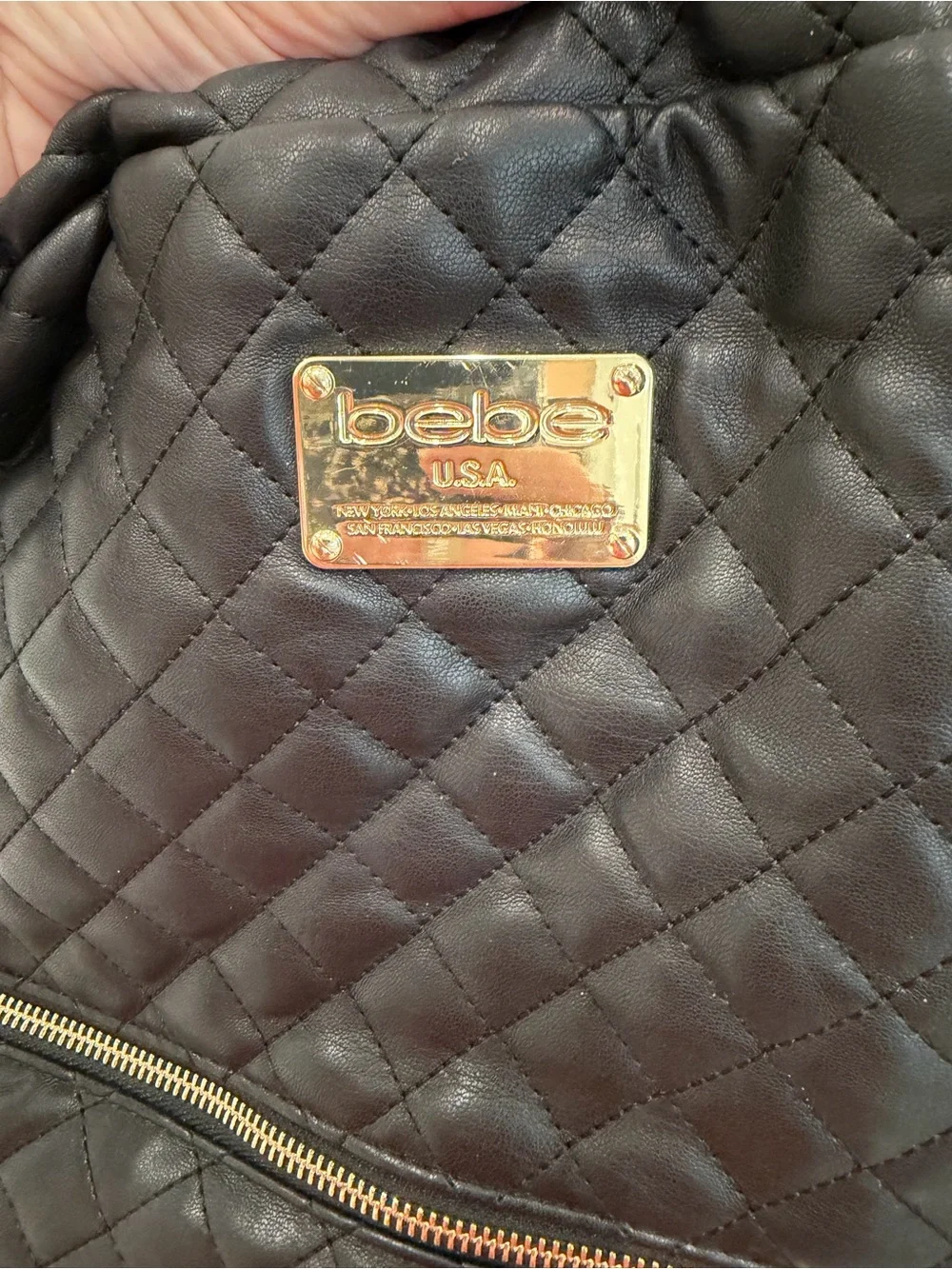 bebe Quilted Black Backpack with Gold Plaque